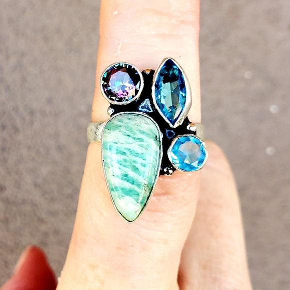 New Amazonite, Blue Quartz, Mystic Topaz 925 Silver Ring. - Picture 2 of 14